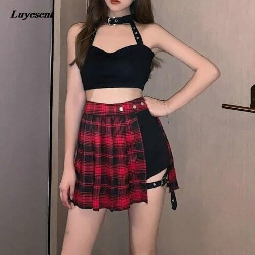 Red Black Plaid Women Gothic Punk Mini Skirt 2021 Hipster Lady Leg Strap Irregular Button High Waist Skirts Cool Plus Size 4XL