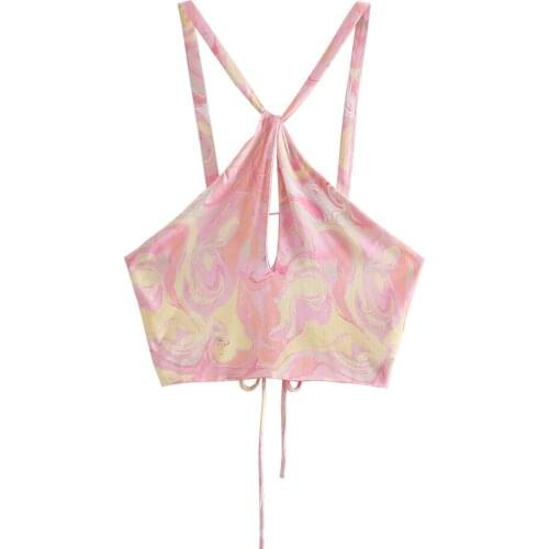 Women Chic Sexy Hole Tie-dye Print Spaghetti Camis Tank High Street Y2K Lady Summer Backless Lace Up Short Sling Crop Tank Tops