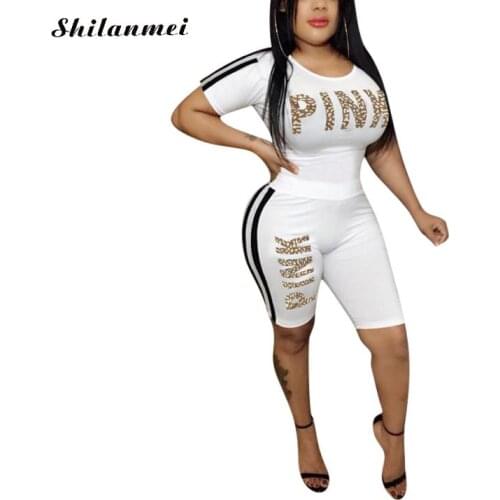 Women Sport Tracksuit Casual 2 Piece Set Pink Letter Print Short Sleeve Crop Top Side Stripe Pants Suit Club Outfit Matching Set