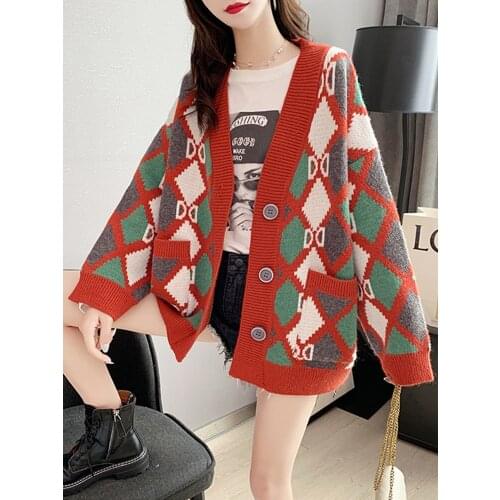TIGENA Oversize Knitted Cardigan for Women 2021 Fall Winter Pocket Contrast Argyle Print Christmas Loose Sweater Coat Female Top