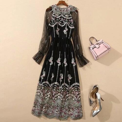 2021 Long Dress Spring Summer Dress Knee Length Long Sleeve Empire Crew Neck Flora Print Fashion Dress Embroidery