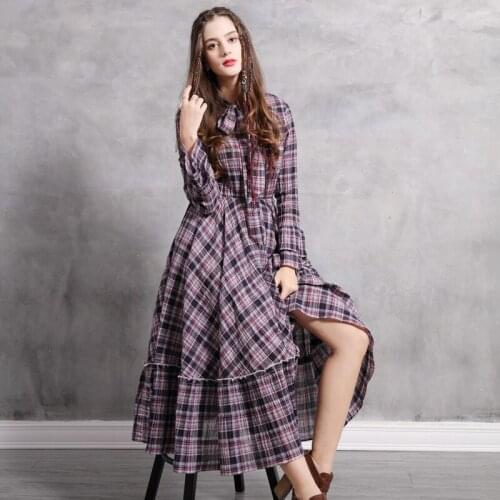 2021 Spring / Summer Vintage Plaid Printing Draped Big-Swing Cotton Dresses Midi Woman Dress Casual Loose A82133
