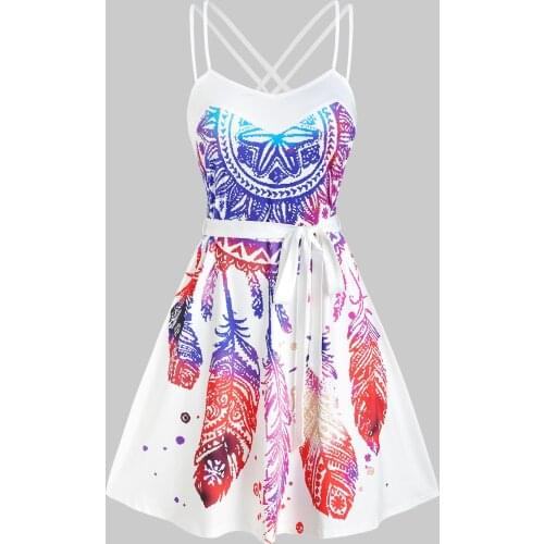 Wipalo Casual Women Dream Catcher Bohemian Print Sleeveless Belted Dress Vacation Mini Boho Sleeveless Party Dress Plus Size 3XL