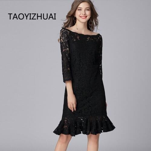 TAOYIZHUAI 2019 New Arrival Spring High Street Style Mermaid Hollow Out Plus Size 45-110KG Fashion Slash Neck Women Dress 16032