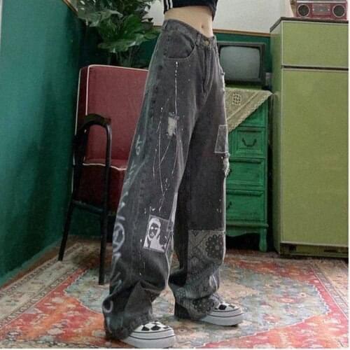 2021 Skater Style Indie Boyfriend Baggy Pants 90s skater jeans Y2k Streetwear Teen Fashion Pockets Wide Legs High Waist Trousers