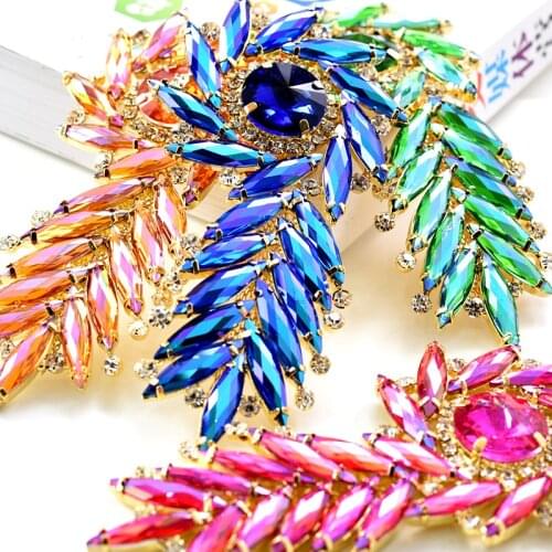 1pcs Many Colors Crystal AB Glass Rhinestone Applique With Gold Base Leaf Applique Sew On Rhinestone For Wedding Dress B3769