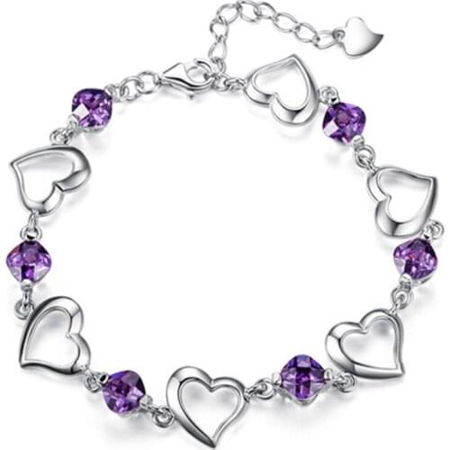 FYJS Unique Silver Plated Stackable Love Heart with Amethysts Crystal Link Chain Bracelet Romantic Style Jewelry