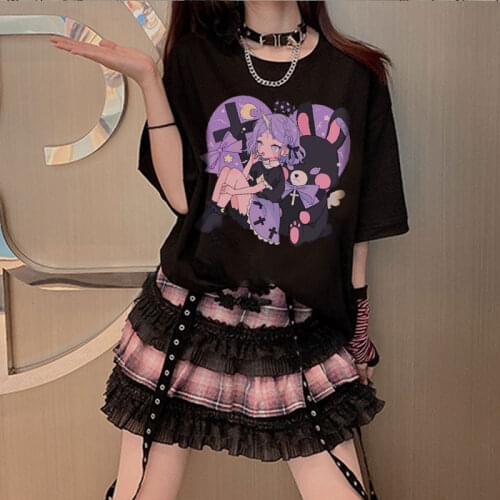 Kawaii womens T-shirt Japanese cartoon love girl print short-sleeved anime casual Harajuku top Ulzzang summer retro clothing