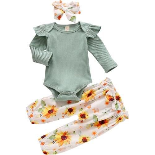 Baby Girls Clothes Set Long Sleeve O-neck Ruffle Tops + Floral Print Long Pants + Bow Headband Infant Toddler Girls Sets 0-24M