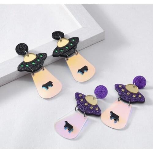Fashion Glittery Cosmic mysterious Dark Flying Saucer Earrings For Women Trendy Acrylic Drop Earrings Acrylic Jewelry E19137