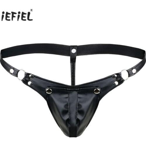 Gay Mens Faux Leather Low-rise Bikini Briefs Sexy Sissy Panties Leather Jockstrap Underwear Mens Thongs and G-Strings Chastity