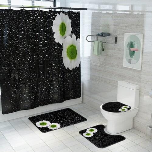 Bathroom Rug Set 3 piece and Shower Curtain Floral Printed Black Shower Rug Set Toilet Carpet Bath Tub Mats Washable Machine