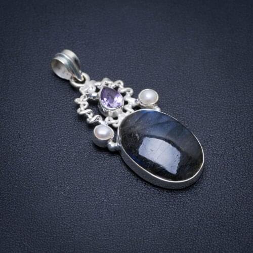 Natural Blue Fire Labradorite,Amethyst and Pearl 925 Sterling Silver Pendant 2" S0763