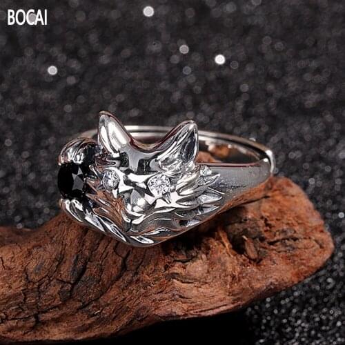 BOCAI New 100% real solid S925 silver jewelry retro personalized kitten ring fashionable womens ring