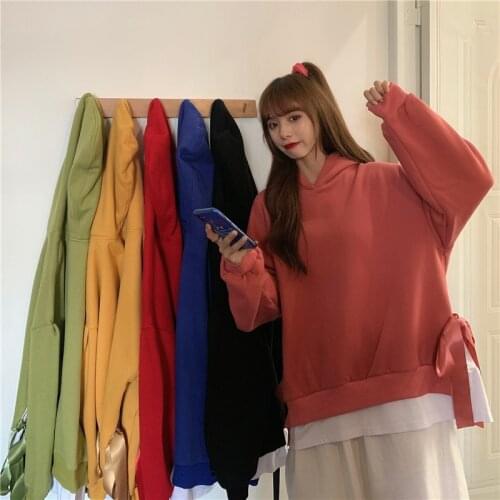 QRWR 2020 Autumn Winter New Womens Sweatshirt Casual Thick Fleece Bow Hoodies Fashion Kawaii Oversized Hooded Sweatshirt