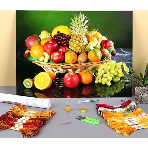Fruit Printed Canvas 11CT Cross Stitch Embroidery Kit DMC Threads Sewing Needlework Painting Craft Stamped Magic