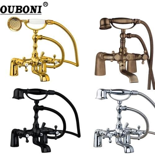 OUBONI Antique Brass Mixer Faucet Deck Mounted Dual Handles Chrome Polish Gold Plate Shower Set Bathroom Basin Sink Bathtub Tap