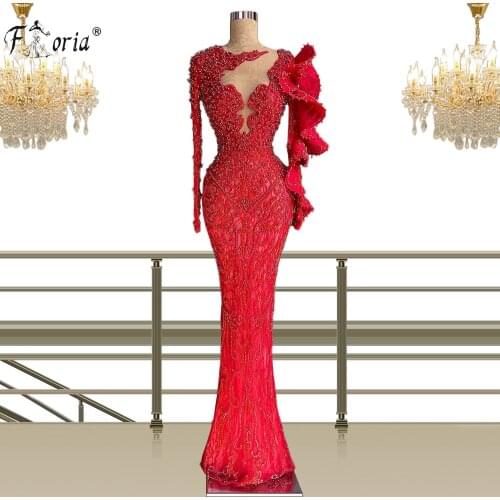 Modest Red Beaded Mermaid Evening Dresses 2021 Floor Length Sheer O-neck Ruffles Long Prom Gowns Formal Party Dress Vestidos