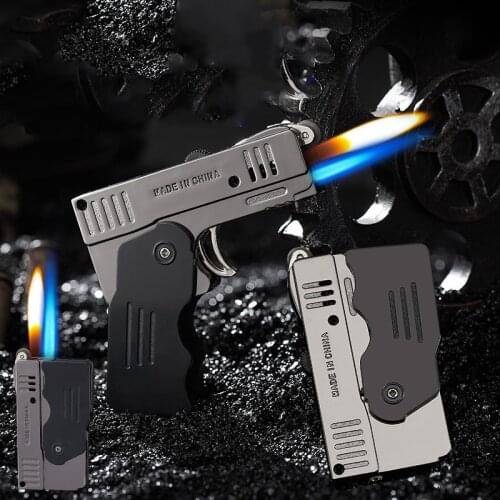 Folding Deformation Pistol Metal Lighters Windproof Gas Lighters Flint Grinding Wheel Double Fire Cigarette Lighter Butane Torch