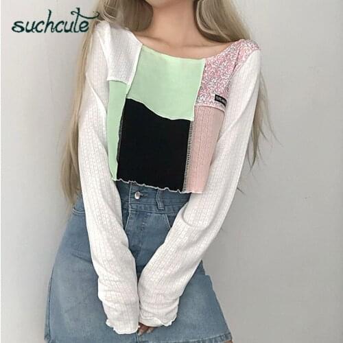 SUCHCUTE WomenS T-Shirts Knitted Long Sleeve Aesthetic Top Patchwork Female Tee 2020 Fashion Vintage Tshirt 90s Outfits