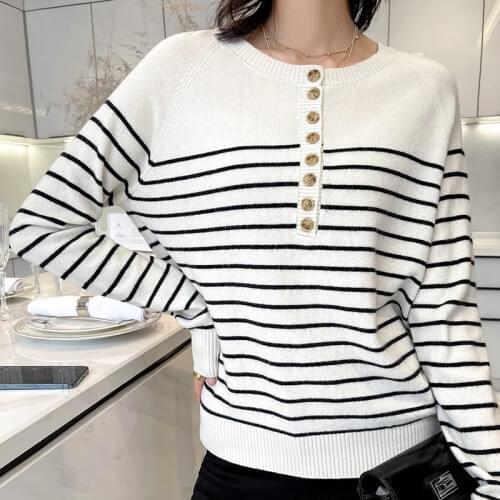 Retro High-end 2021Spring and Autumn New Plus Size Knitted Cashmere Sweater Female Wild Round Neck Striped 100%Wool Pullover Top