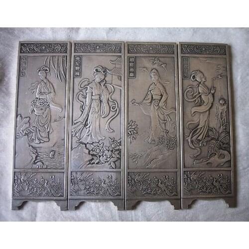 Rare Old Qing Dynasty Silver paper weight,carving"4 great beauties ",free shipping