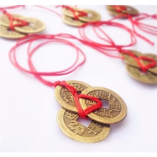 Vintage 6 Coins Red Chinese Knot Copper Feng Shui Wealth Success Lucky Charm Home Car Hanger