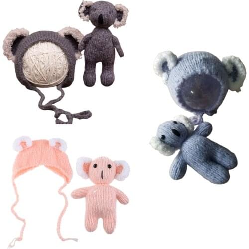 2pcs Newborn Infant Knitted Beanie Hat with Animal Koala Doll Toy Photo Props