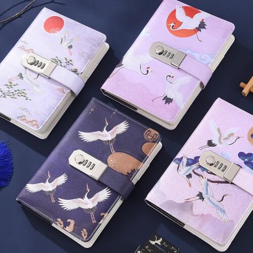 B6 Creative Crane pattern Notebook Password Book with Lock Supplies Stationery line Diary Journal School Office Gift Box Notepad
