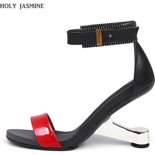 Mixed Color High Heel Women Sandals Genuine Leather Open Toe 8cm Strange Heel 2019 Summer Women Sandals black red Party Shoes