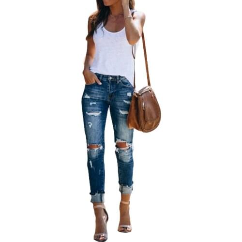 Women Casual Ripped Holes Pencil Denim Jeans Dark Blue High Waist Close-fitting Long Trousers with Broken Holes