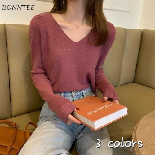 Pullovers Women Korean Style Sweaters All-match Vintage BF Clothing V-Neck Cropped College Knitted Female Solid Teens Spring Ins