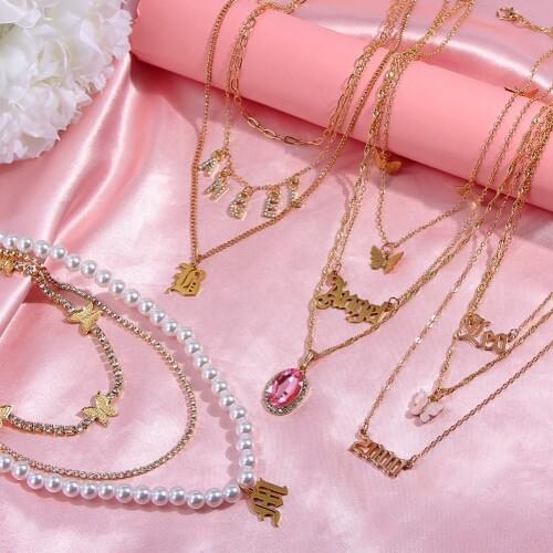 Flatfoosie Gold Color Multilayer Angel Letter Pendant Necklace For Women Bling Crystal Butterfly Pearl Choker Necklace Jewelry