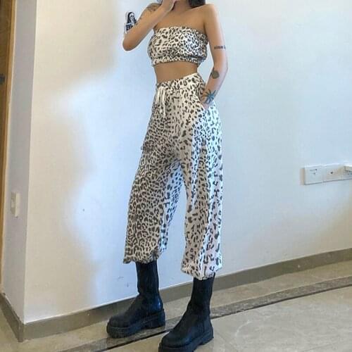 Women Pant Sets Fashion Leopard Print Loose Trousers Two Pieces Sexy Strapless Tops +high Waist Wide Leg Pants Suits Tracksuits
