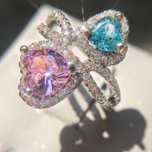 Double Hreat Color Zircon Ring 925 Sliver Pink Blue Zircon Princess Micro-drill Ring Wedding Rings for Women Engagemengt