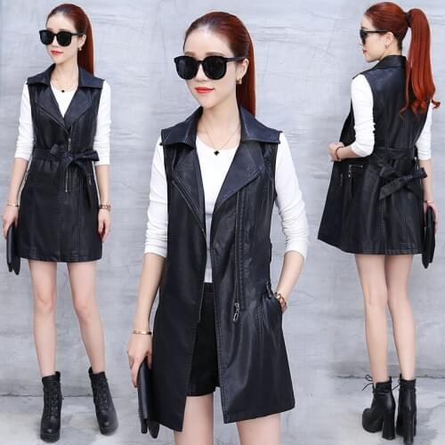 Women Sleeveless Mid Long Faux Leather Jacket PU Top Trench Coat Female Waistcoat Fashion Motorcycle Clothes Plus Size 4XL Y81