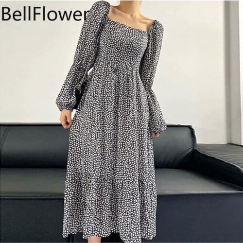 Floral Smocked Dress Women Clothes Autumn 2021 High Waist Long Sleeve Bohemian Square Collar Draped Pullover Black Dresses