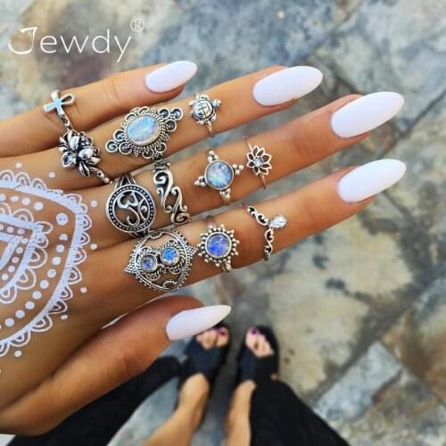 11 PCS/Set Bohemian OM Rings Set For Women Vintage Tibetan Color Stone Crystal Knuckle Ring Statement Yoga Jewelry Wholesale