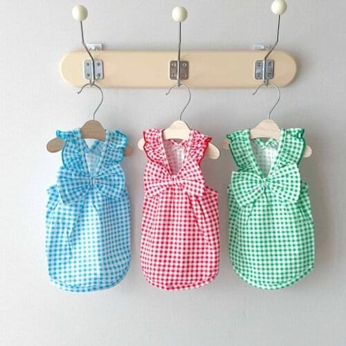 2021 Blue Plaid Puppy Clothes Pet Breathable Bowknot Summer Clothes Fashion Dog Pullover Teddy Soft Home Clothes