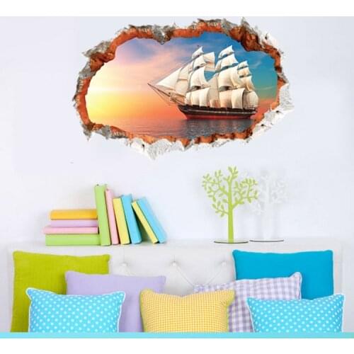 3D Break Wall Vilier in the Sea under the Setting Sun Wall Decal Sticker Sailing Ship Wall Art Mural Poster Decor Wall Applique