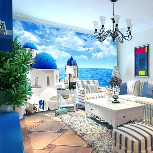 3D Mediterranean scenery white castle mural living room bedroom TV background wallpaper