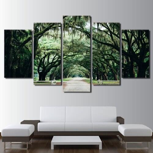 Canvas HD Printed Painting Wall Art 5 Pieces Tropical Banyan Tree Poster Green Forest Landscape Pictures Home Decor(No Frame)