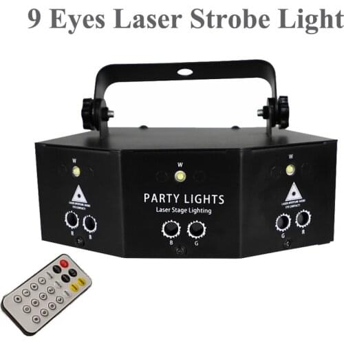 Wireless Remote Control Disco Laser Projector 9 Eyes Laser Strobe Light DMX RGBW Effects Lighting For Christmas Holiday DJ Party