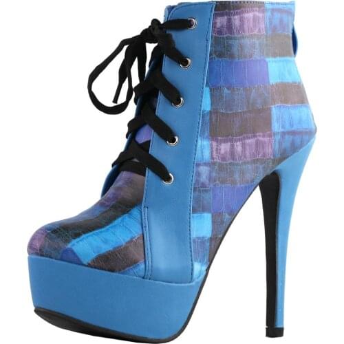 LF80893 SHOW STORY Retro Lace-Up Check Print Platform Stiletto High Heels Ankle Boots