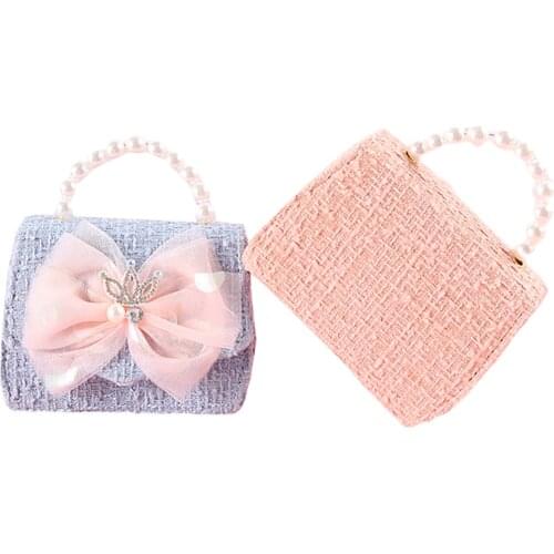 Kids Shinny Crystal Crossbody Handbag Crown Shoulder Bag Pack Kid Lace Bowknot Square Pocket Detachable Chain Pearl Handbag