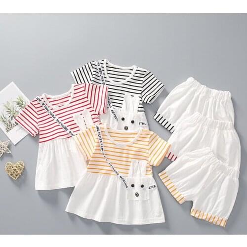 2-6 Years Lovely Kids Baby Girls Rabbit Clothes Sets Summer Dress Skirt Tops Stripe Shorts 1 Set Outfits Fashion Baby Clothing