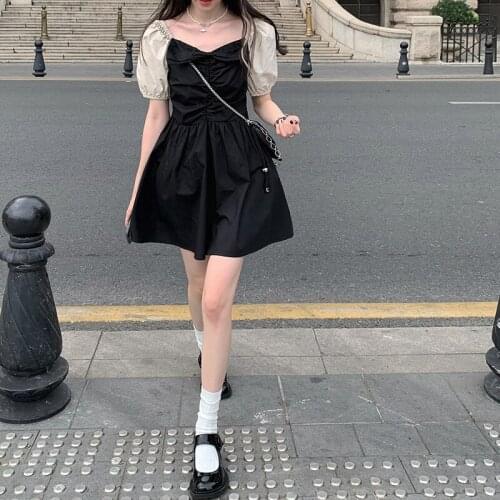 French puff sleeve bow dress women