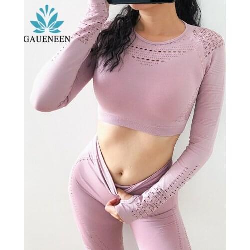 GAUENEEN Seamless Yoga Set Quick Dry Fitness Suit Gym Clothing Mesh Long Sleeve Crop Top High Waist Leggings Workout Clothes