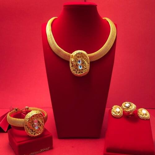 24K Dubai Gold Color Jewelry Sets For Women African India Party Wedding Necklace Pendant Earrings Jewellery Set Engagement Gifts