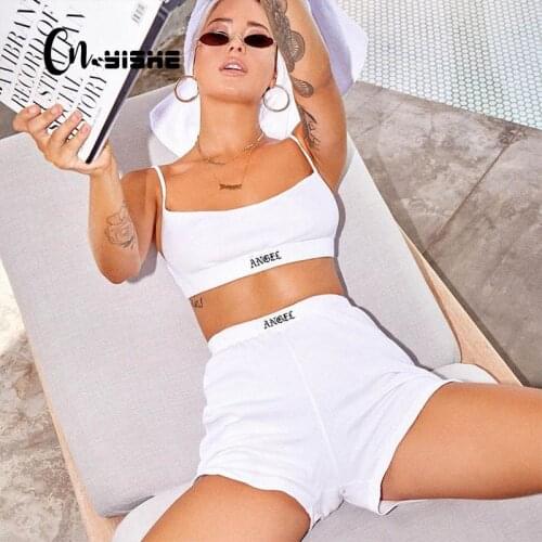 CNYISHE Letter Embroidery Two Piece Sets Women Casual Fitness Solid Tracksuits Summer Streetwear Crop Top And Shorts Suits Sets